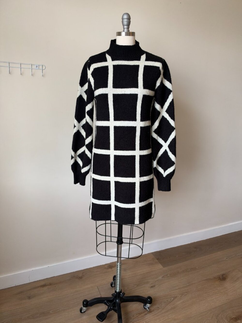 Lost & Wander Windowpane Sweater Dress | Black White Grid Knit